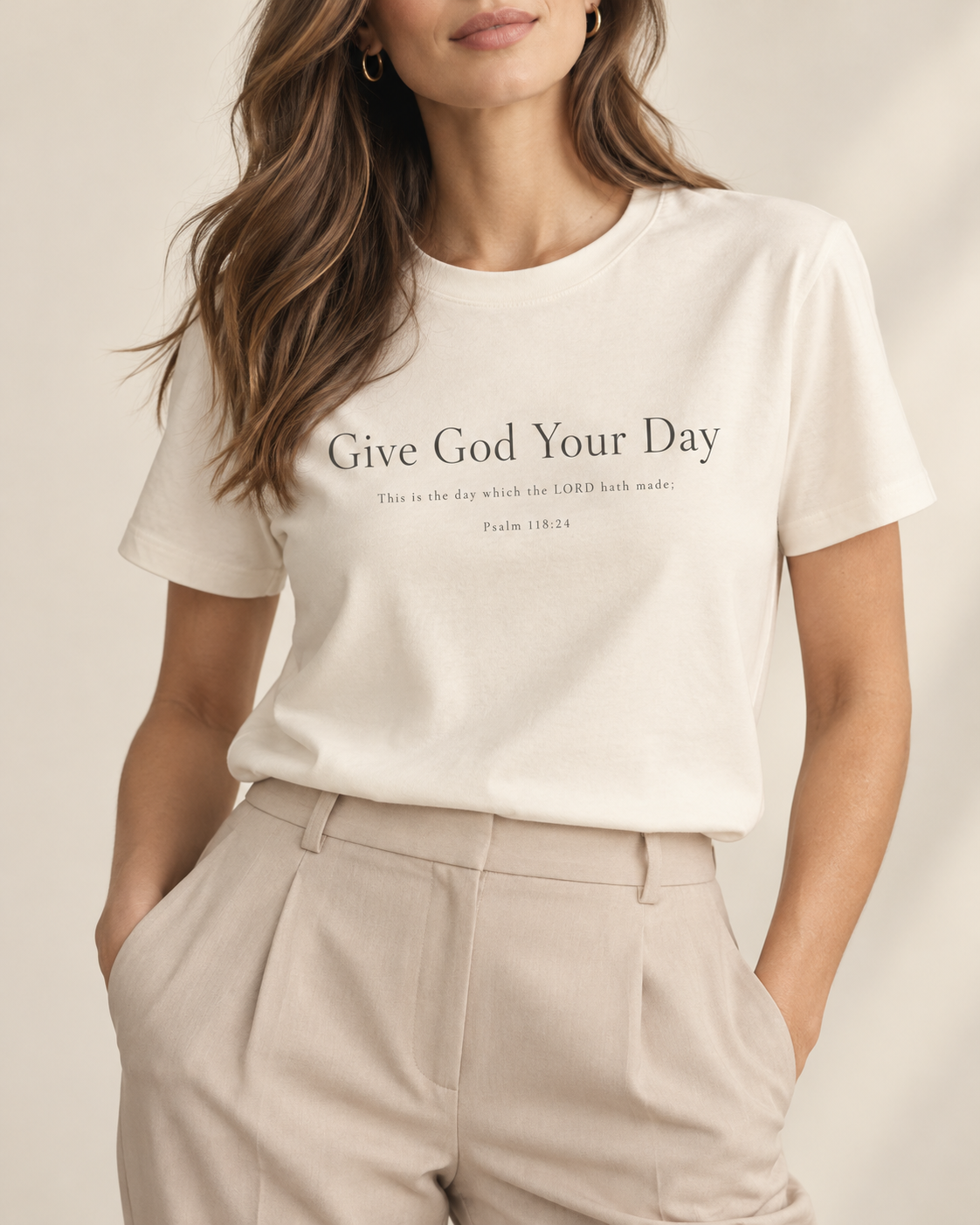 Cream Give God Your Day Tee — women's front view rendering