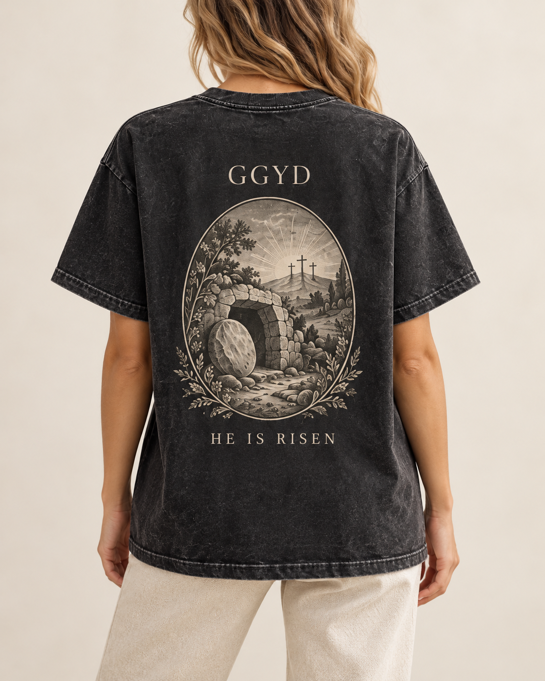 Charcoal He Is Risen — women's back view rendering