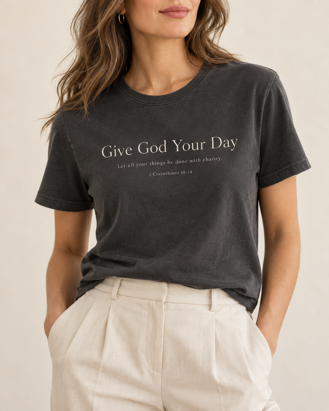 Charcoal Give God Your Day Tee — women's front view rendering