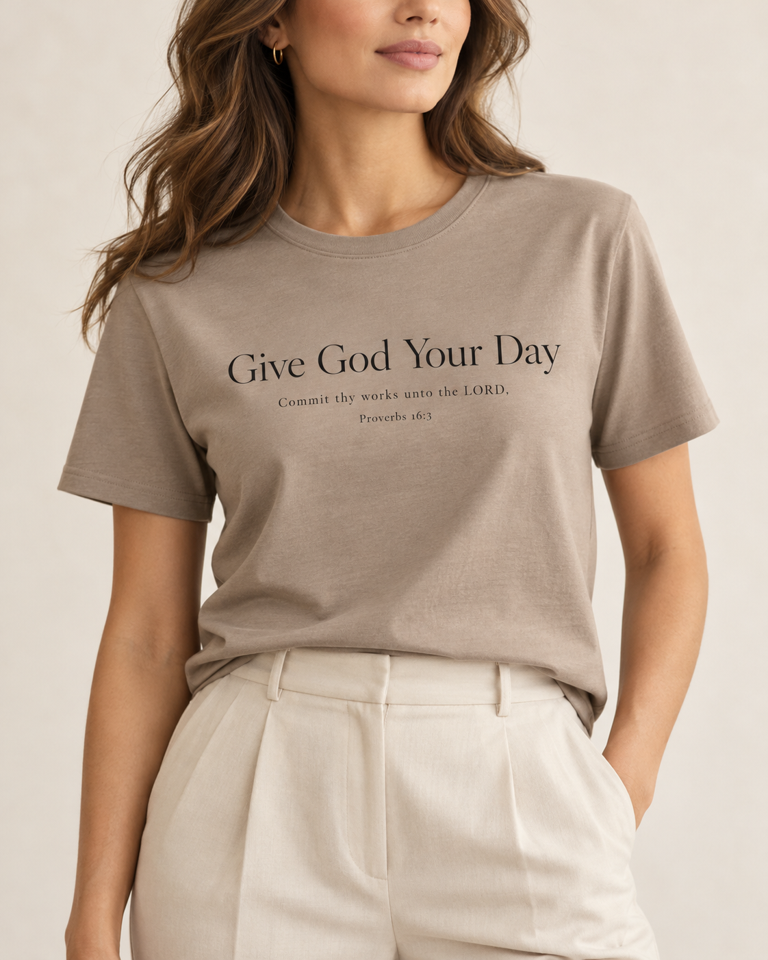 Stone Give God Your Day Tee — women's front view rendering